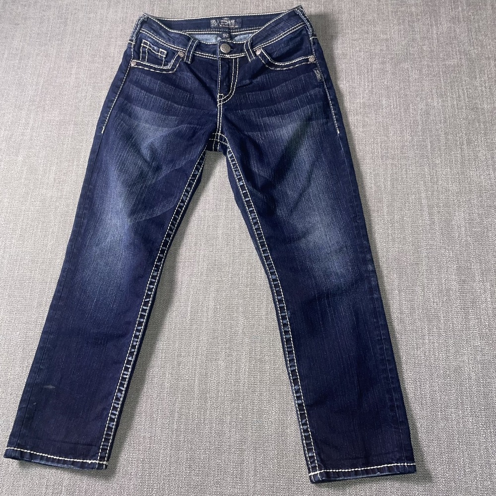 Silver Jeans Suki Womens 27 Dark Wash Straight Leg Blue Denim Whiskering Grunge